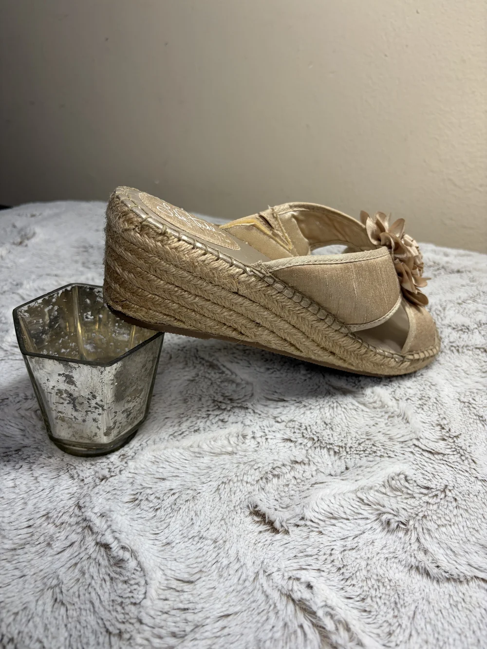 Life Stride Comfy Beige Espadrille Wedge Slides with Decorative Flower Size 11M